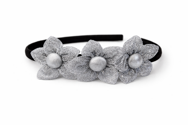 Girls Three Flower Silver Center Hairband- Silver