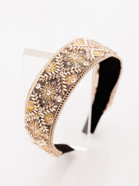Bordered Lace Garden Embellished Wide hard Headband- Golden