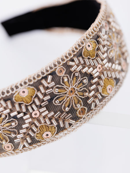 Bordered Lace Garden Embellished Wide hard Headband- Golden