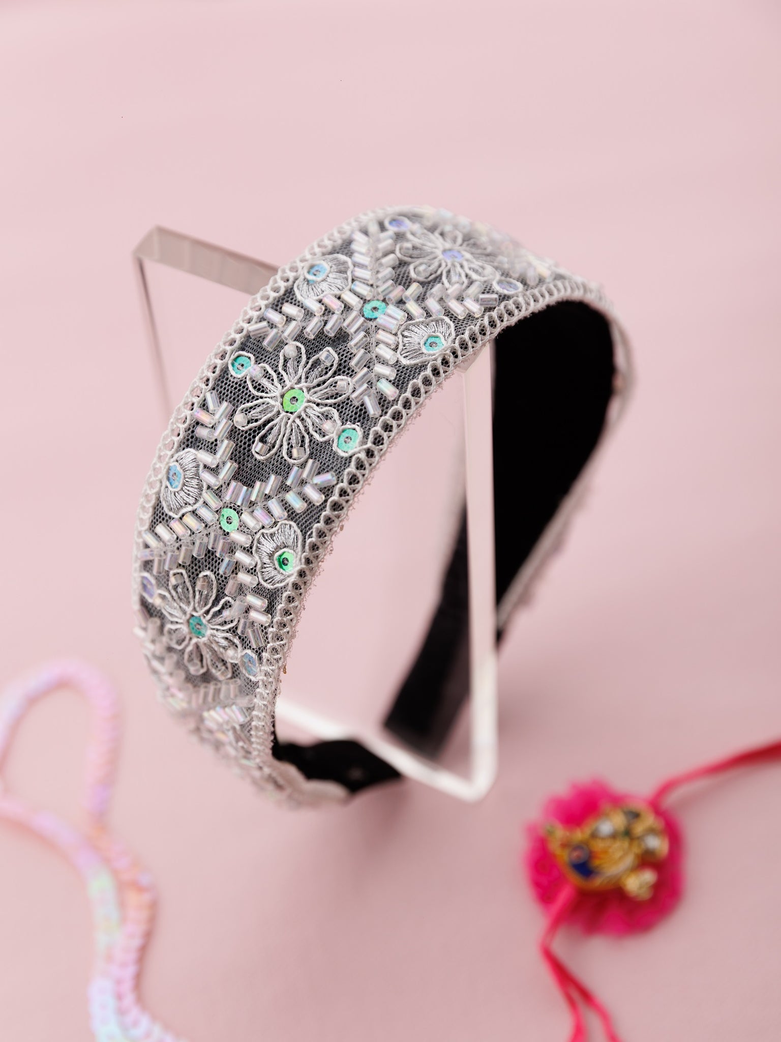 Bordered Lace Garden Embellished Wide Hard Headband - White