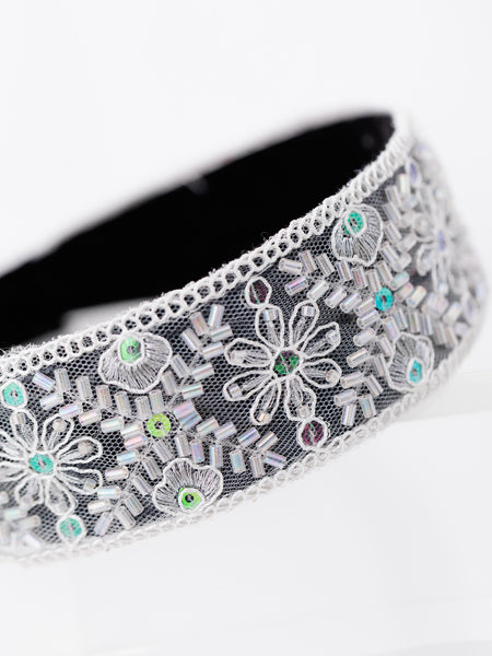 Bordered Lace Garden Embellished Wide Hard Headband - White