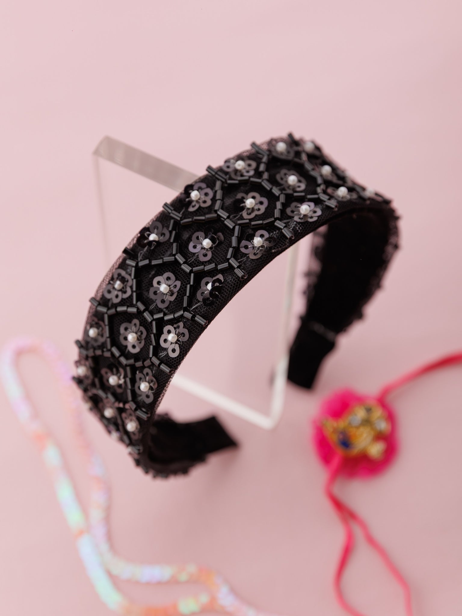 Embellished Lace Garden Wide hard Headband- Black