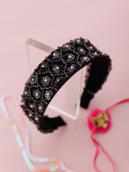 Embellished Lace Garden Wide hard Headband- Black