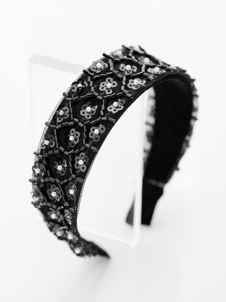 Embellished Lace Garden Wide hard Headband- Black