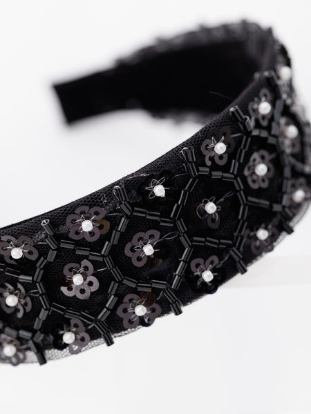Embellished Lace Garden Wide hard Headband- Black
