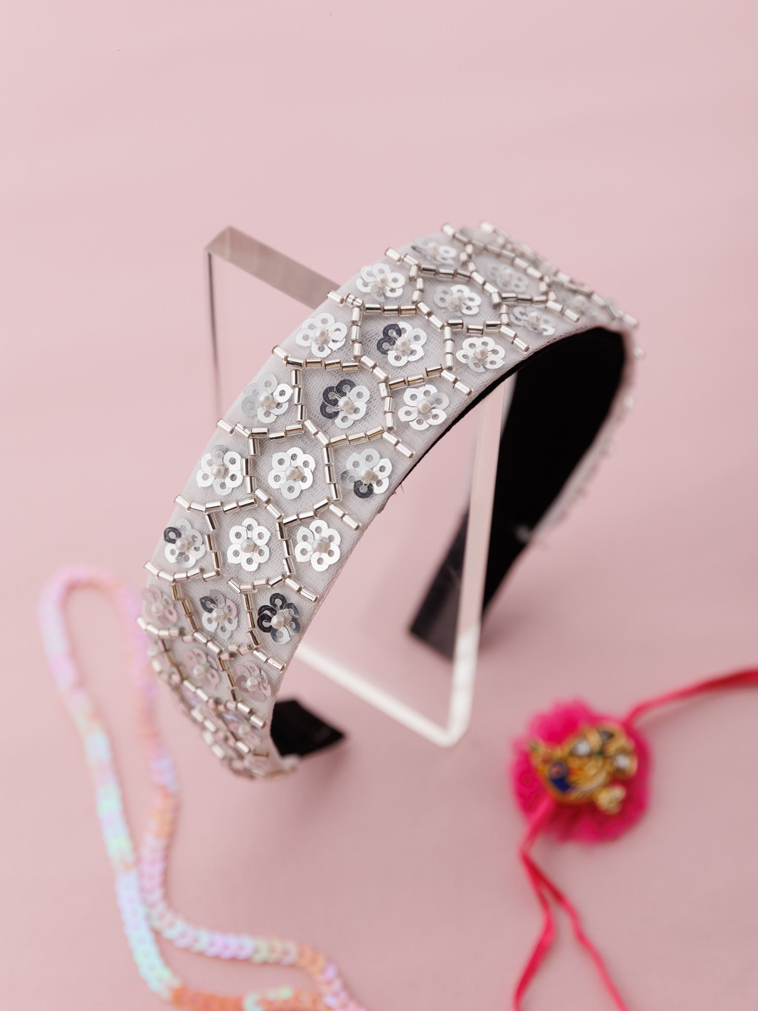 Embellished Lace Garden Wide hard Headband- White