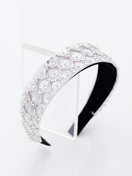 Embellished Lace Garden Wide hard Headband- White