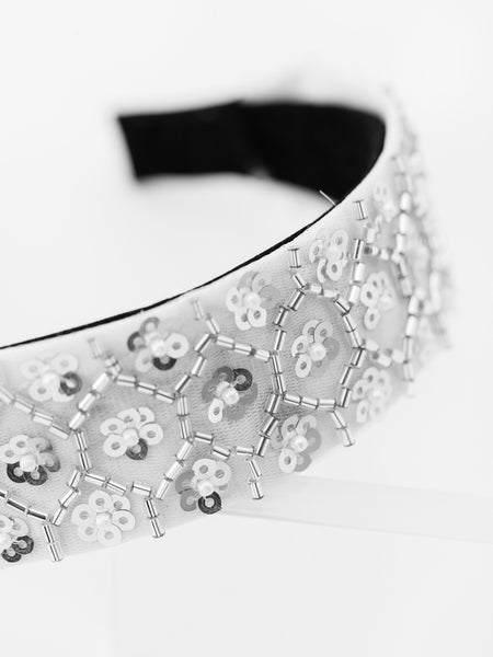 Embellished Lace Garden Wide hard Headband- White