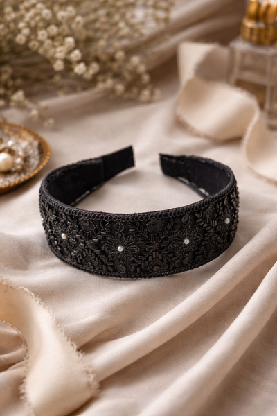 Sequin and Pearl Embellished Party Wear Hairband- Black