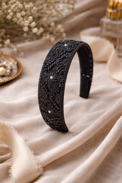 Sequin and Pearl Embellished Party Wear Hairband- Black