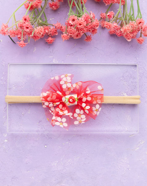 Floral Tulle Headband Set- Gray & Red