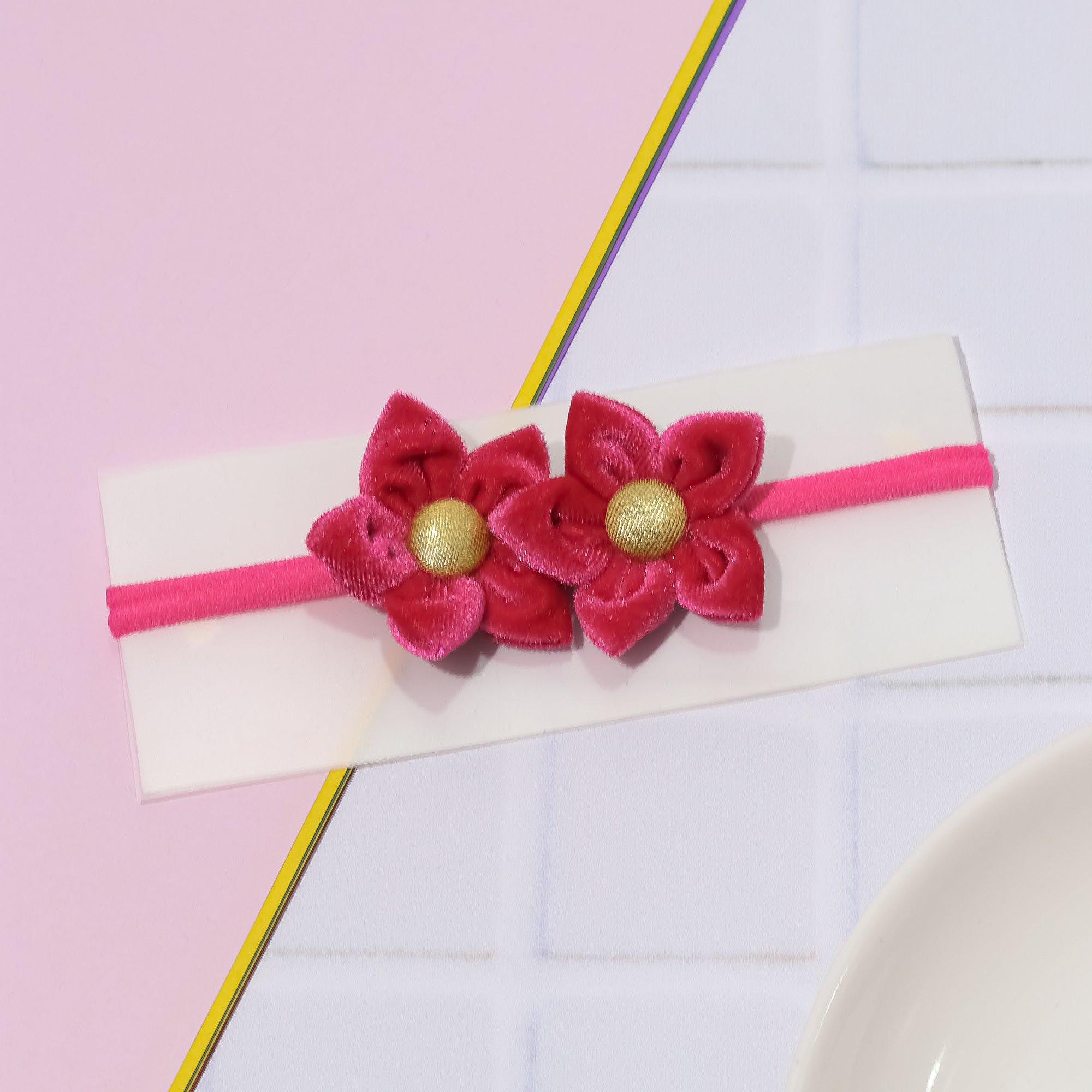 Velvet Newborn Flower Headband- Dark Pink