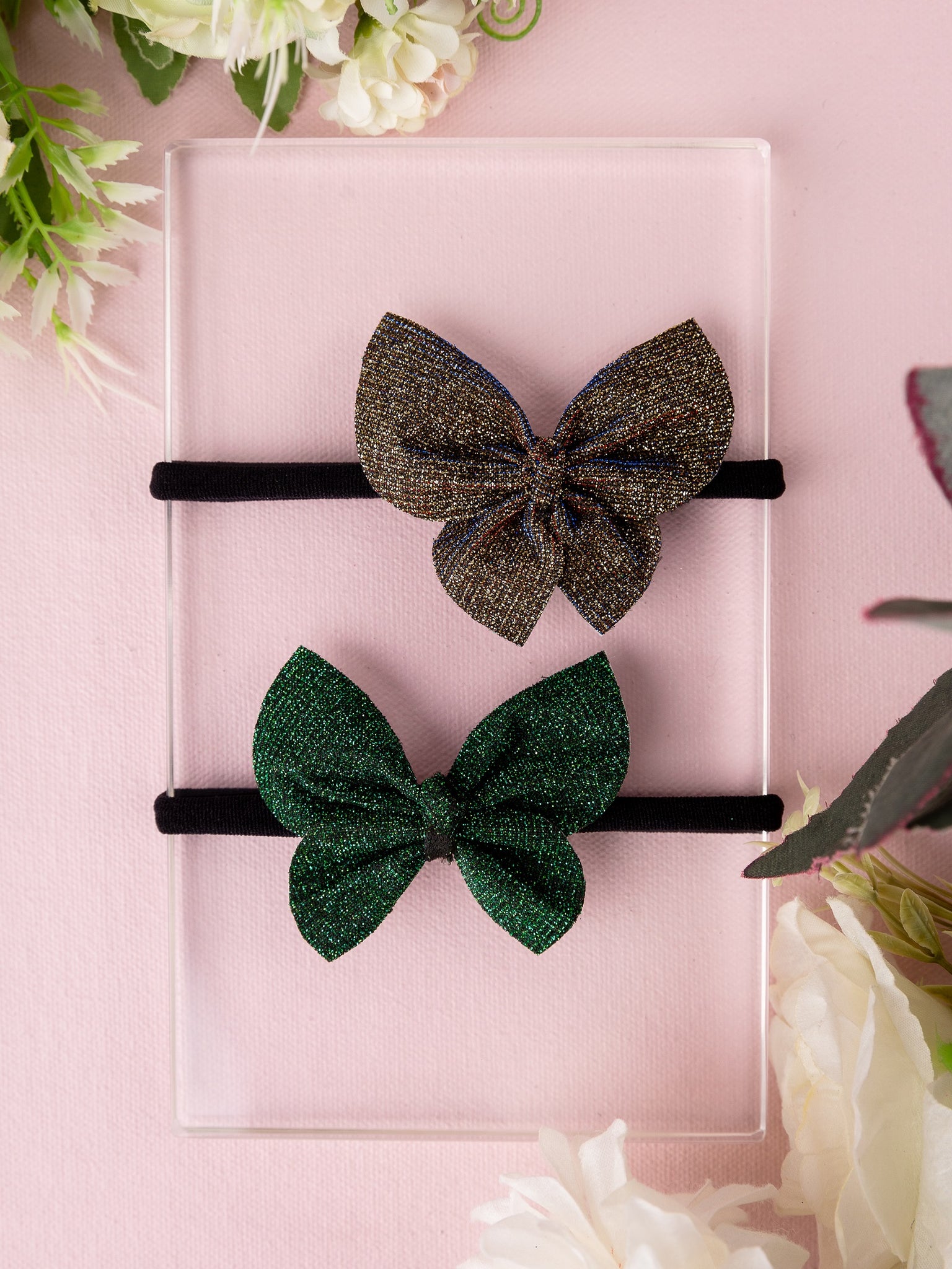Set of 2 Glittery Butterfly Baby Headbands- Dark Green & Bronze