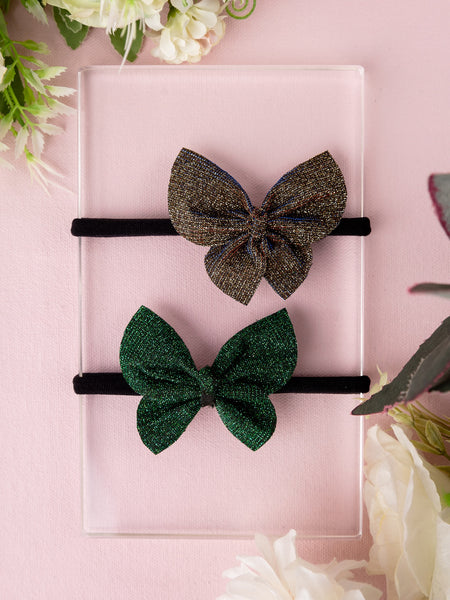 Set of 2 Glittery Butterfly Baby Headbands- Dark Green & Bronze
