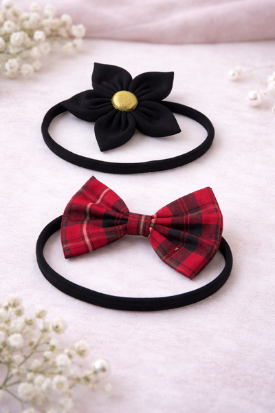 Set of 2 Flower & Bow Headbands – Red & Black