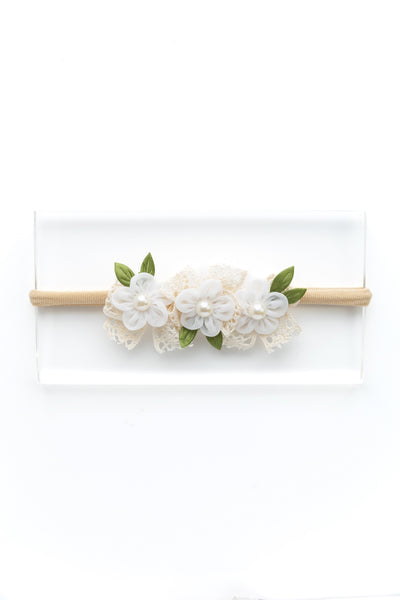 Newborn Three Flower Chiffon & Lace Headband- White