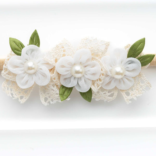 Newborn Three Flower Chiffon & Lace Headband- White