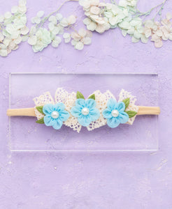 Newborn Three Flower Chiffon & Lace Headband- Light Blue