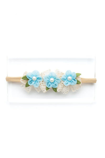 Newborn Three Flower Chiffon & Lace Headband- Light Blue