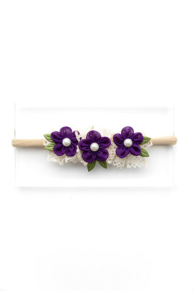 Newborn Three Flower Chiffon & Lace Headband- Purple