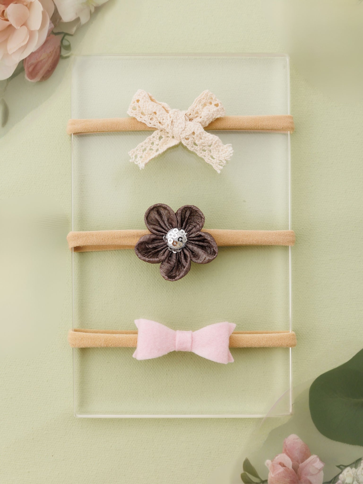 Set of 3 Flower and Bow Headbands - White, Black, Pink