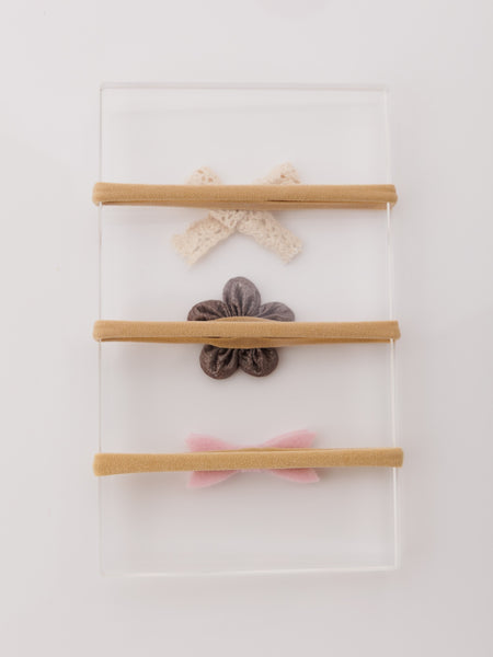 Set of 3 Flower and Bow Headbands - White, Black, Pink