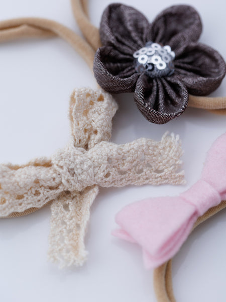 Set of 3 Flower and Bow Headbands - White, Black, Pink
