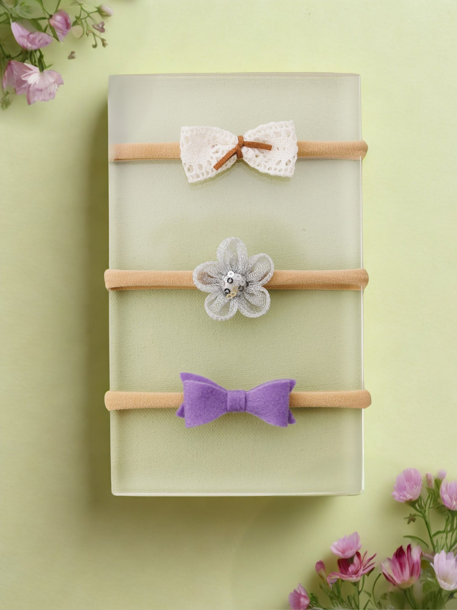 Set of 3 Flower and Bow Headbands - White, Grey, Purple