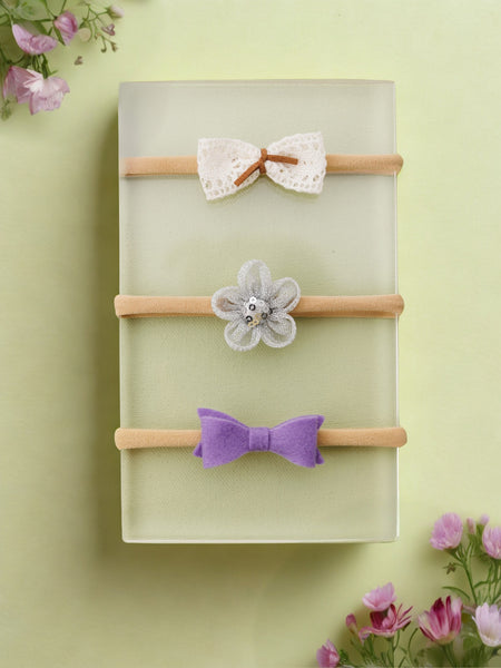 Set of 3 Flower and Bow Headbands - White, Grey, Purple