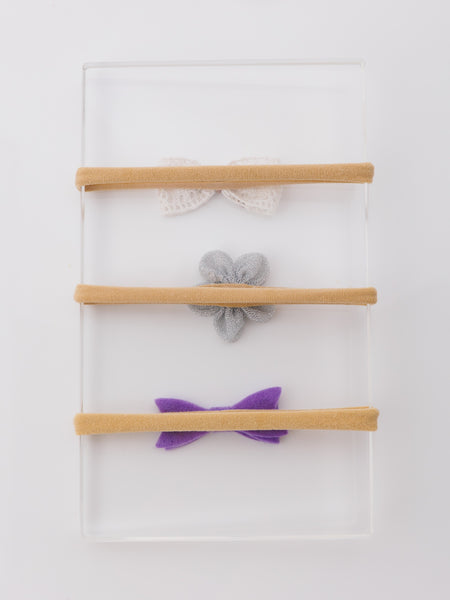 Set of 3 Flower and Bow Headbands - White, Grey, Purple