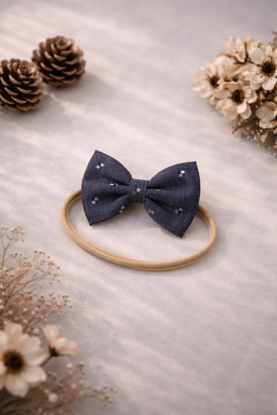 Indigo Denim Bow Headband- Grey