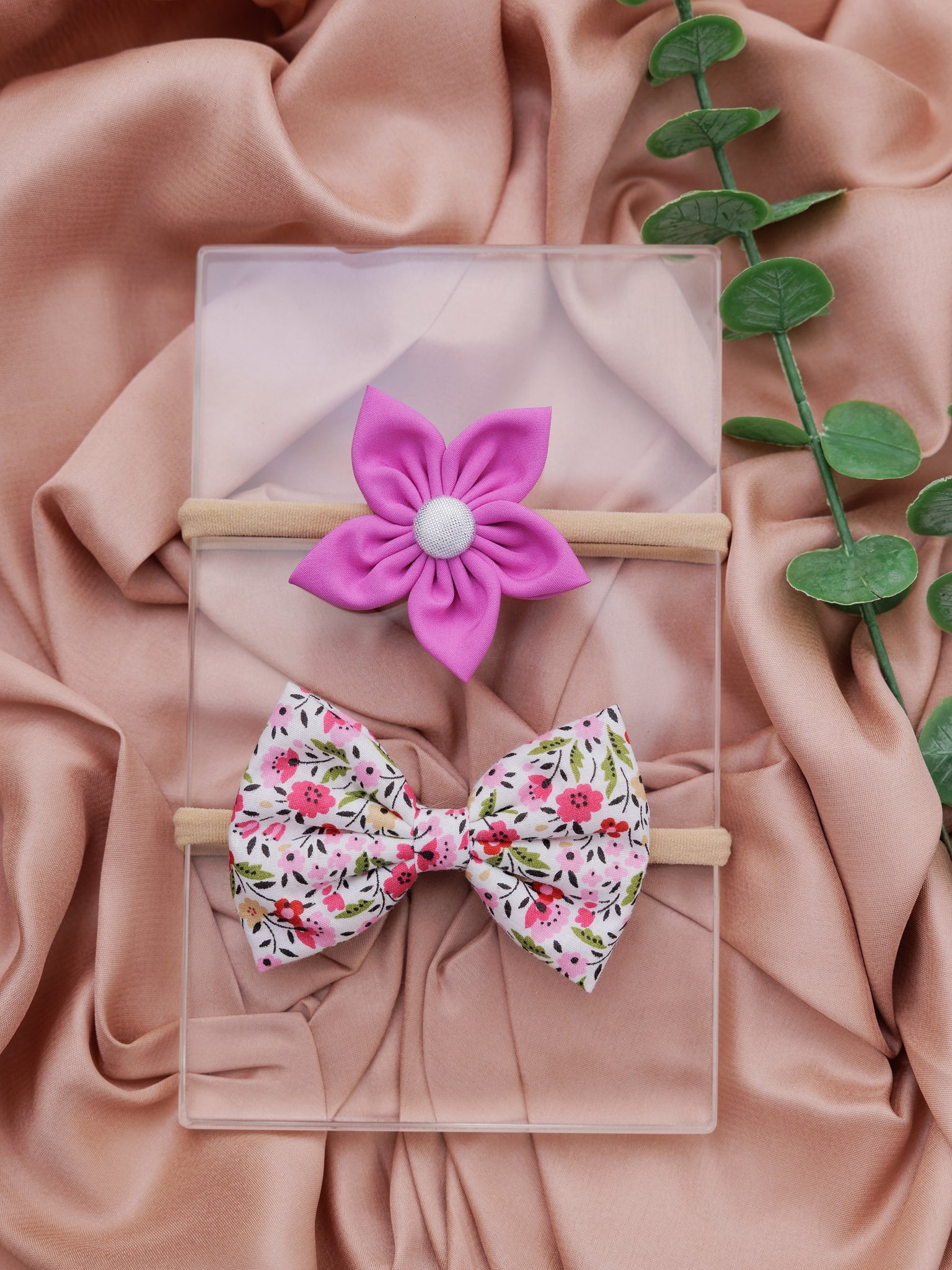 Set of 2 White Floral Bow & Purple Flower Headband Set- White & Purple