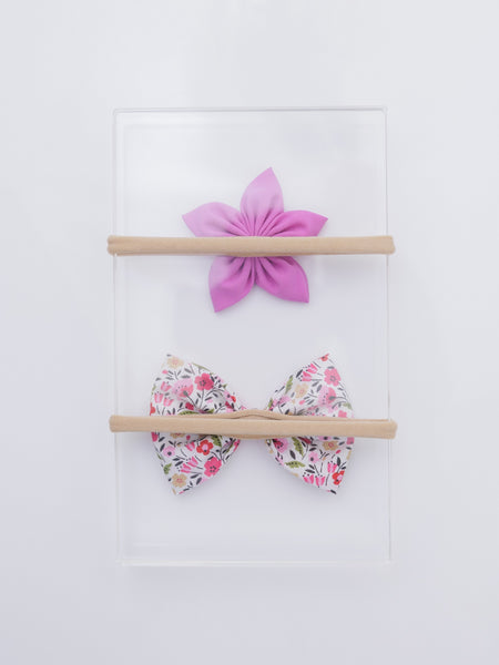Set of 2 White Floral Bow & Purple Flower Headband Set- White & Purple