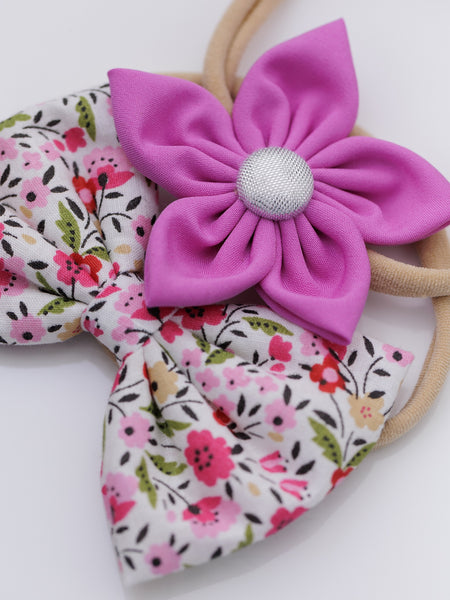 Set of 2 White Floral Bow & Purple Flower Headband Set- White & Purple
