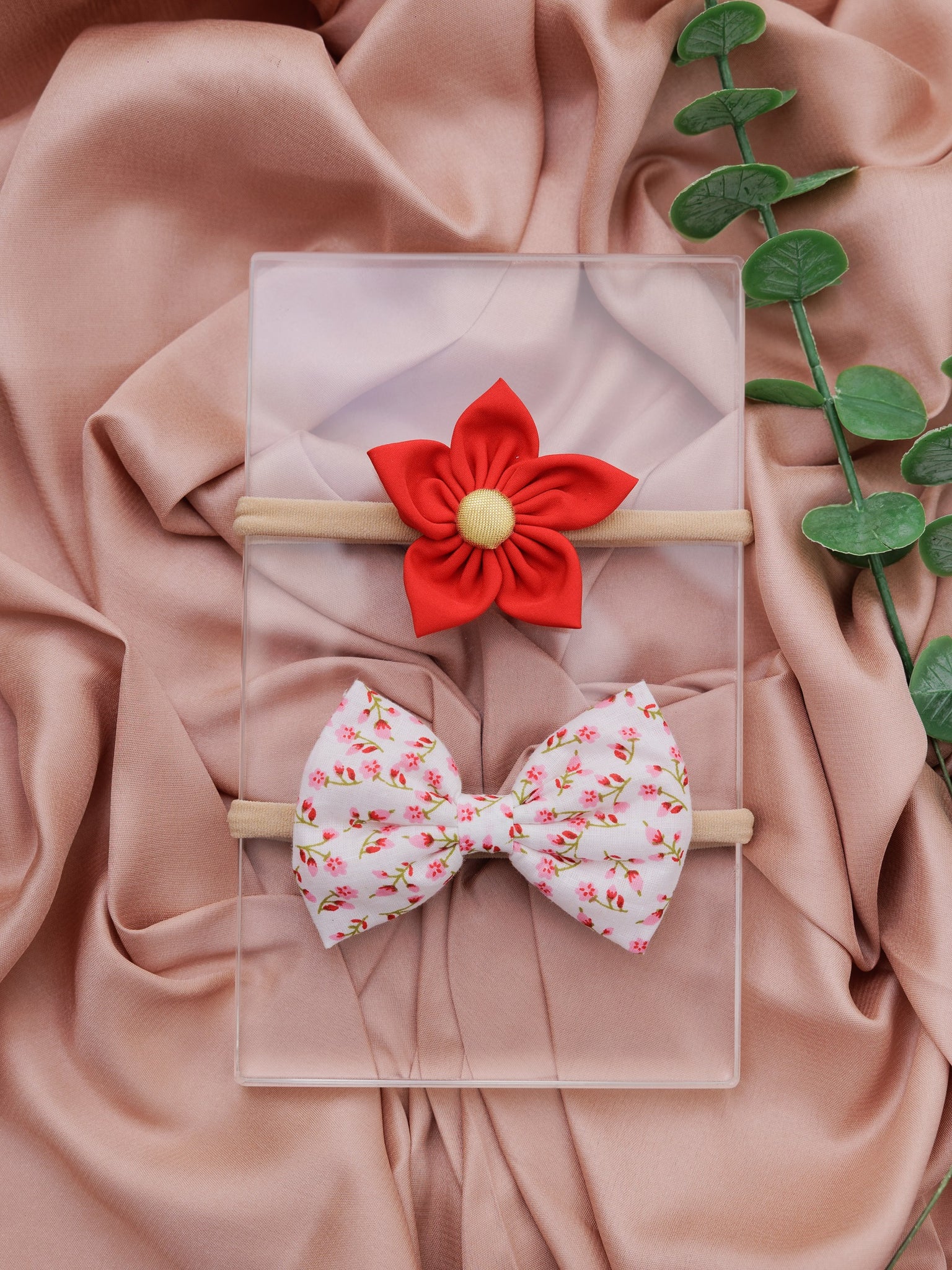 Set of 2 White Floral Bow & Purple Flower Headband Set- White & Red