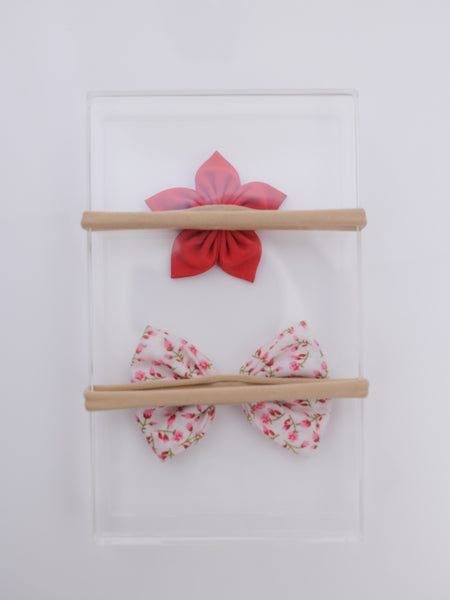 Set of 2 White Floral Bow & Purple Flower Headband Set- White & Red