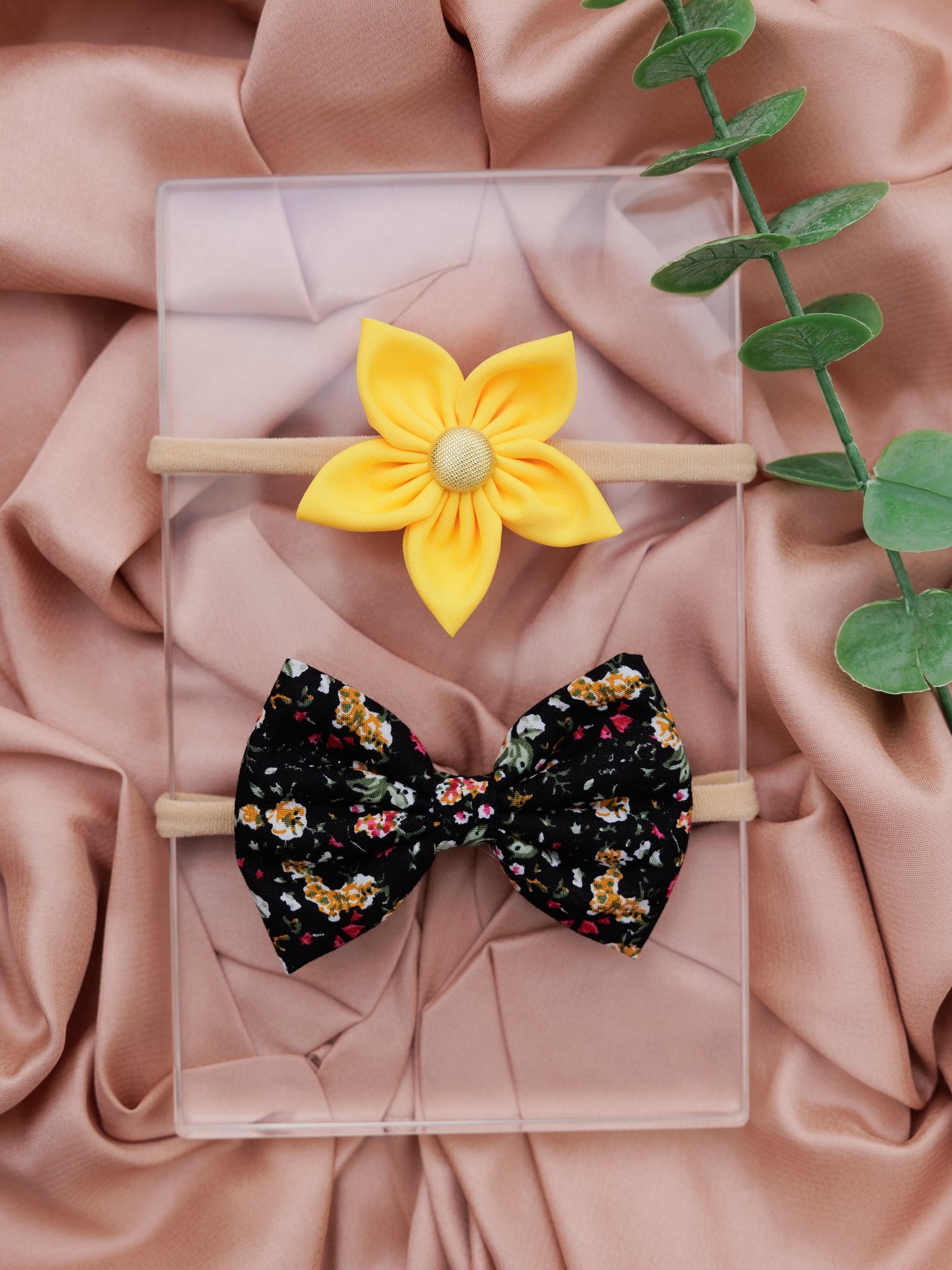 Set of 2 Black Floral Bow & Yellow Flower Headband Set- Black & Yellow
