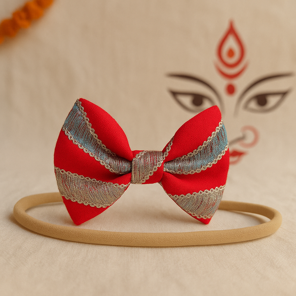 Durga Puja Sequin Bow Headband- Red