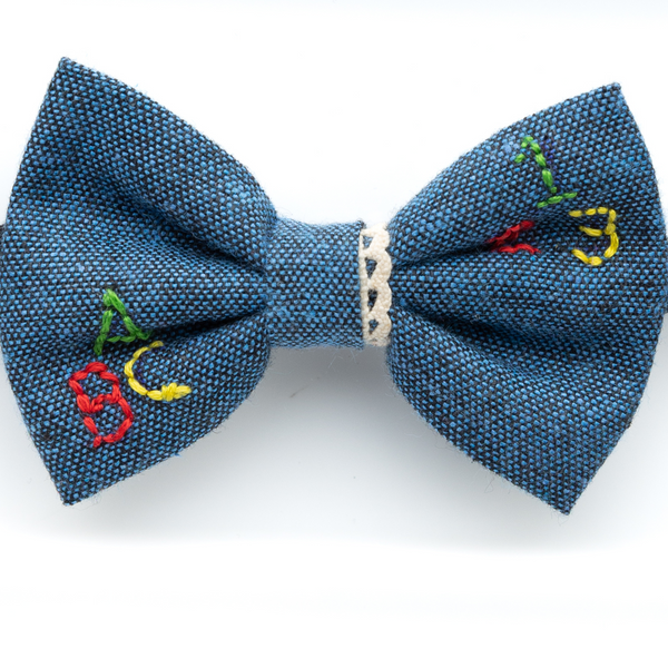 Toddler Embroidered Bow Headband- Denim Blue