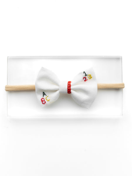 Toddler Embroidered Bow Headband- White