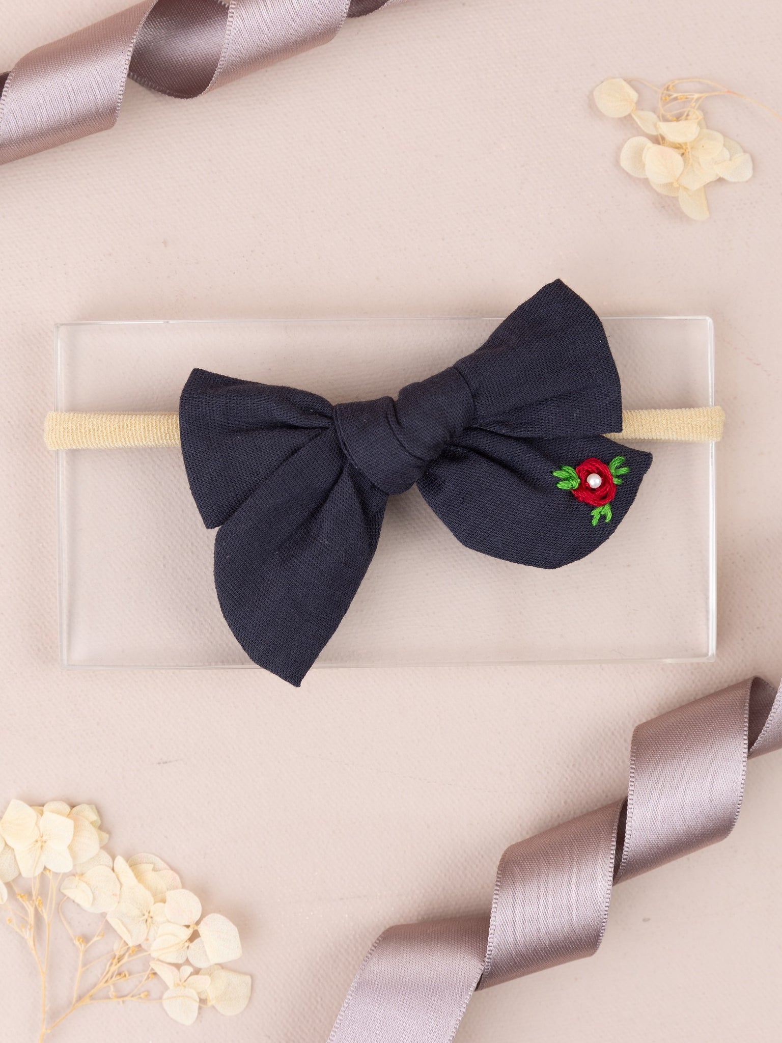 Girls Embroidered School Bow Headband- Black & Red