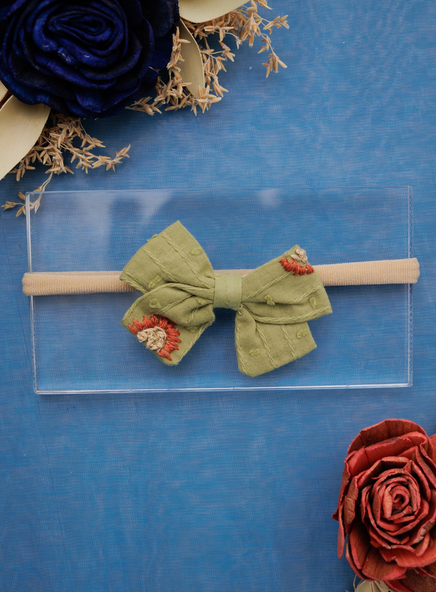 Sunflower Embroidered Bow Headband- Heena Green