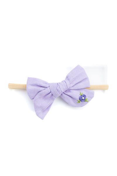 Girls Embroidered School Bow Headband- Lavender