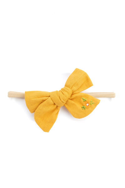 Girls Embroidered School Bow Headband- Mustard