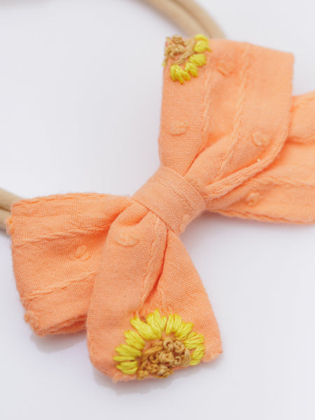 Sunflower Embroidered Bow Headband- Peach