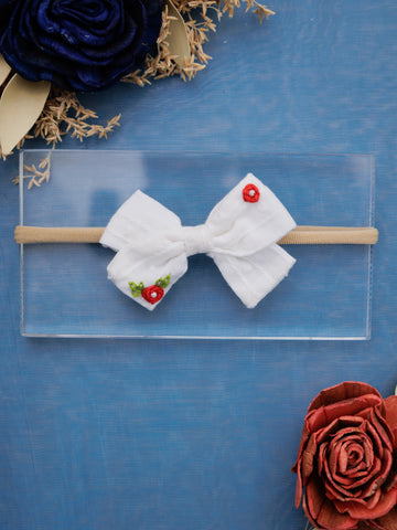 Red Flower Embroidery with Pearl Center Bow Headband- White