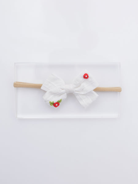 Red Flower Embroidery with Pearl Center Bow Headband- White