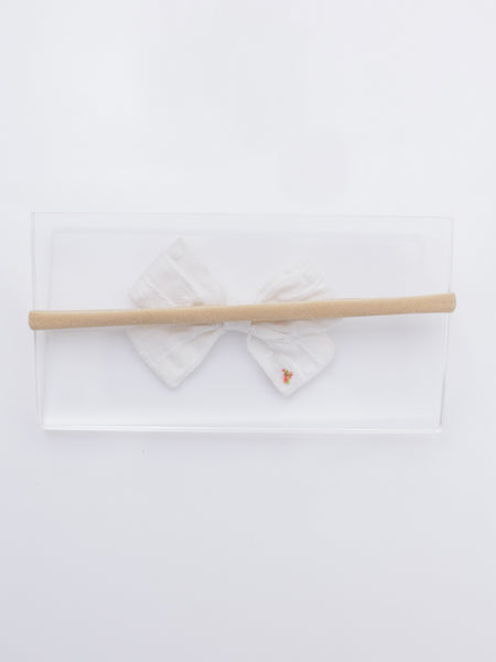 Red Flower Embroidery with Pearl Center Bow Headband- White