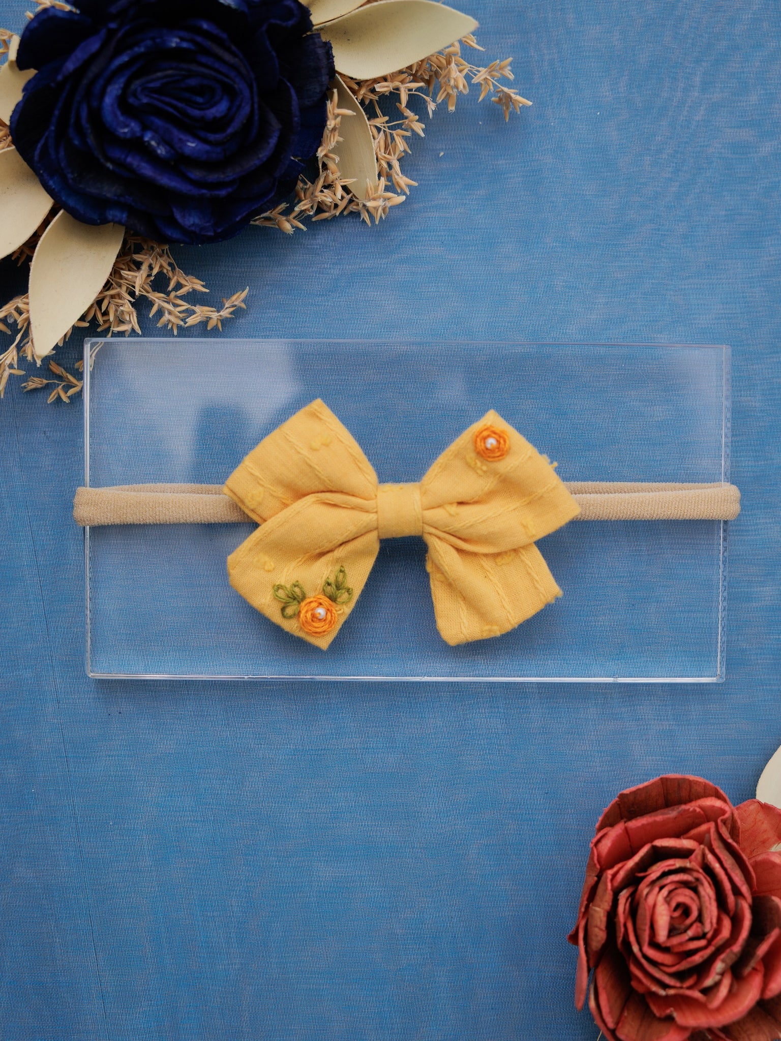 Orange Flower Embroidered Bow Headband- Yellow