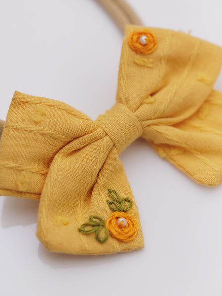 Orange Flower Embroidered Bow Headband- Yellow
